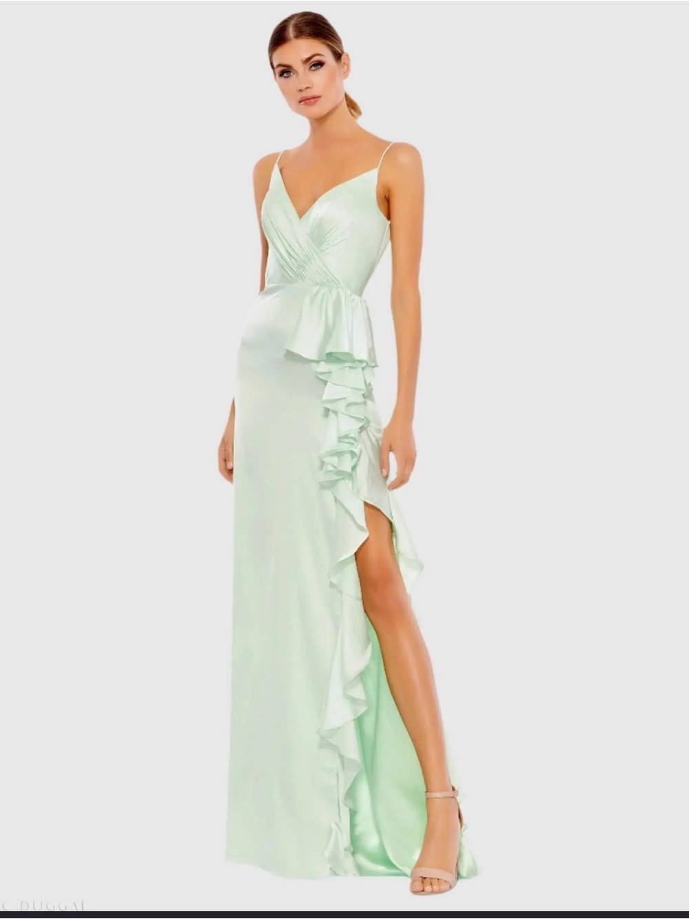 Mac Duggal Mint Green Spaghetti-Strap Satin Ruffle Gown - 2